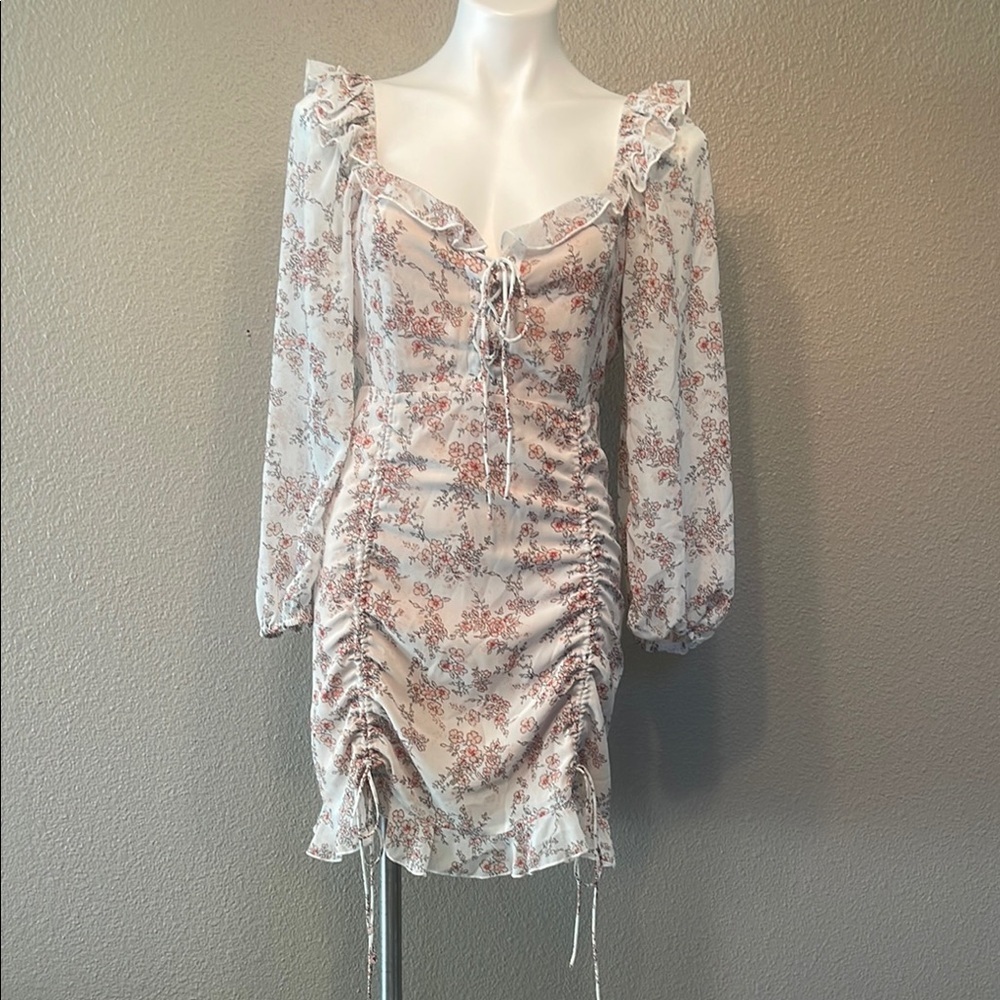 Miss Lola Floral Ruched Long Sleeve Dress - White and Pink